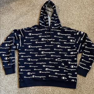 Champion Life Mens Navy Pullover Hoodie, All Over Logo SZ XL